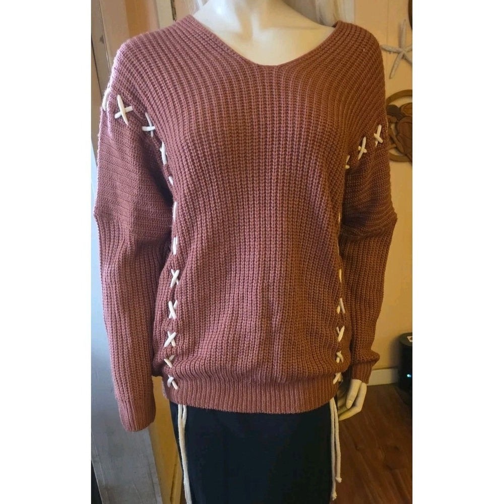 Vintage IJOAH Knit‎ Top Sweater Womens L Brown Orange Lace Up 90s Y2K Mohair